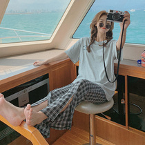 Korean Version Gestational Woman Dress 2021 Summer Net Red Short Sleeve Blouse Blouse Wide Leg Opening Underpants Suit Individuality Two Sets of Tide