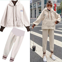 Pregnant Woman Suit New Internet Red Spring Autumn Winter Plus Suede Thickened Sheep Lamb Sweater Pregnant Women Sweatpants Two Sets Ebb