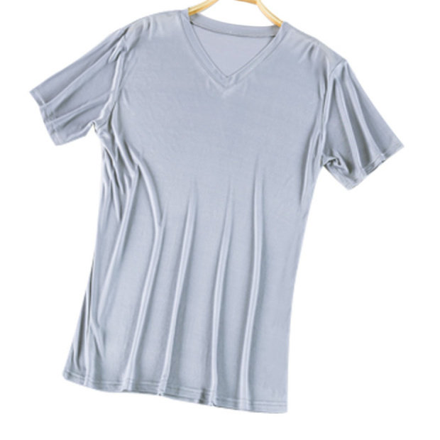 中年桑蚕丝v领t恤男双面针织真丝短袖汗衫文化衫大码宽松爸爸夏装_5折