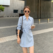 South Korean long sleeve shirt female design feeling small crowd 2022 New spring and autumn temperament The long-style blouses in the waist strap