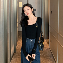 Korean square collar t-shirt women long sleeve 2021 new autumn foreign style slim slim Joker knit base coat ins tide