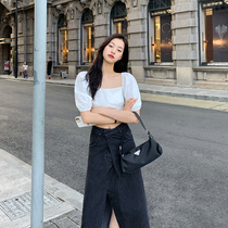 Korean Bubble Cuff Shirt Woman Summer New Design Sensation Little Crowdsourced short style square collar blouses with a little sweatshirt