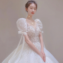 Wedding dress 2022 new brides small sub summer main advanced texture large trailing bubble cuff v collar Heavy workout retro