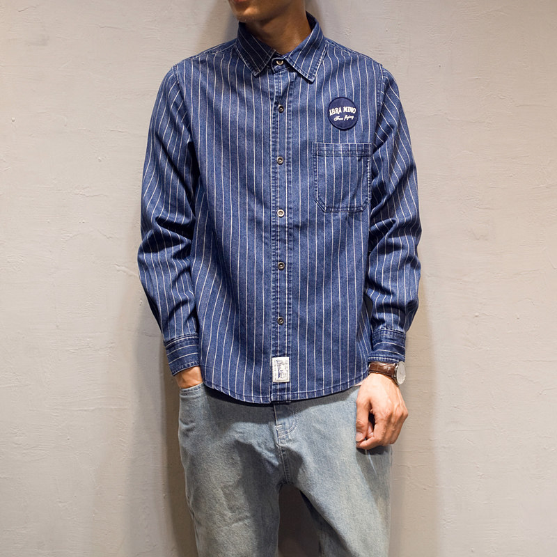 原创阿美咔叽潮流复古条纹牛仔衬衫 春季新款牛仔衣 薄款外套潮男
