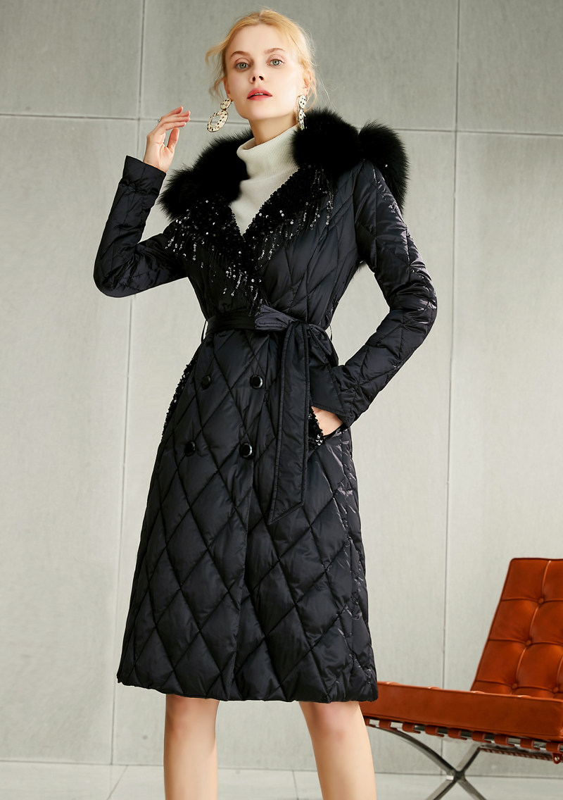 菲梦伊黑色真毛领羽绒服女冬季时尚连帽显瘦亮片白鸭绒中长款外套