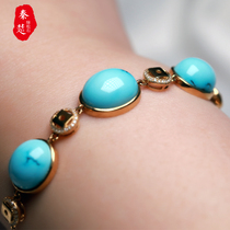 Natural raw ore turquoise bracelet womens fashion simple style 18K gold inlaid trend hand string high porcelain blue scattered beads