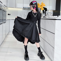 Girls dress front short rear long dovetailed dress superior black fried street tennis red long sleeve child skirt Spring and autumn tide