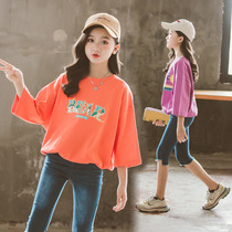 Girls spring and summer clothes 5 fat girls 6 seven short sleeve T-shirt 7 Korean version 8 loose 9 middle and big children 12 years old half sleeve clothes