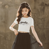 twelve-three-year-old girl short T-shirt 5 CUHK child 6 Summer 7 half sleeves 8 pure cotton 9 dew navel blouse white