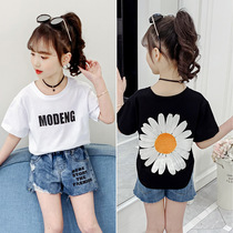 Girl Daisy T-shirt 5 black and white 6 short sleeves blood 7 big Children 8 loose top 9 year old baby 12
