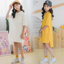 Girl short sleeve T-shirt girl front short rear long skirt summer turnover POLO skirt yellow white CUHK childrens pure cotton one-piece dress