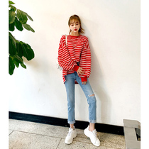  2021 spring new loose lazy bf all-match striped sweater women oversize classic long-sleeved T-shirt