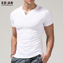 men's trendy short sleeve t-shirt pure cotton v neck henry collar slim bottoming shirt personality vintage tops summer