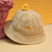 SHARK Sa carved fun little yellow duck embroidery illustration Lamb hair autumn and winter warm plush basin hat fisherman hat