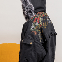 SHARK Sa carved illustration full embroidery removable hat stitching collar warm cotton coat original