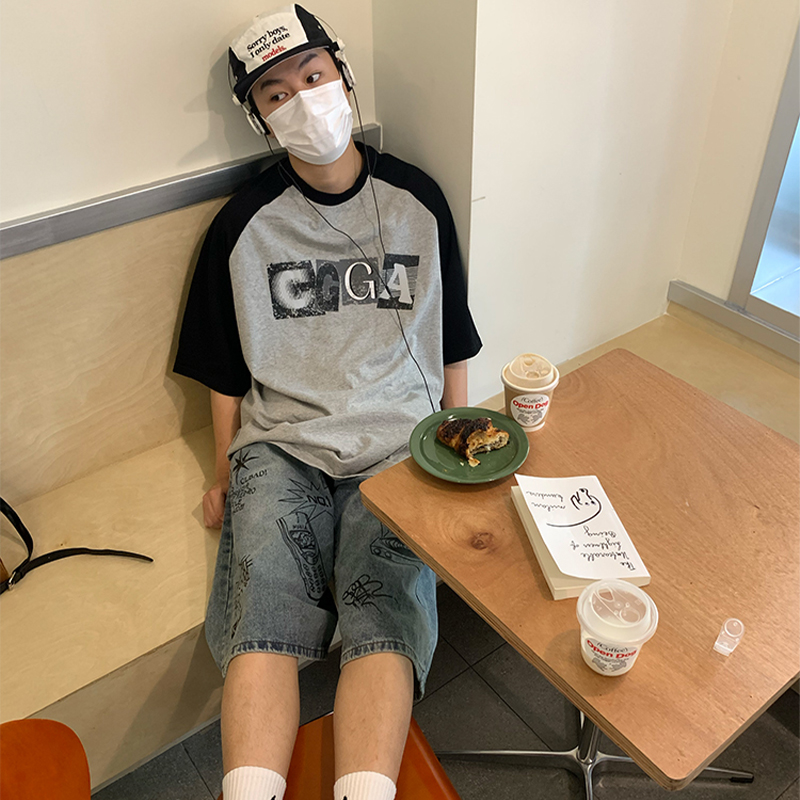 CCGA原创美式复古短袖t恤男女情侣夏季潮流撞色拼接印花宽松休闲