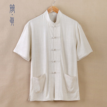 Summer thin cotton linen Tang short sleeve shirt mens retro disc buckle linen middle-aged summer jacket loose dad