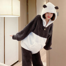 Panda cute thickened pajamas womens winter coral velvet long-sleeved mens autumn and winter can wear a couple of home clothes suit