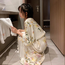 Rosewood Flowers Sleeping Dress Woman Summer Gonne Satin Cotton Silk 70% Sleeves Long Style Retro Sleeping Clothing Spring Autumn Loose pregnant womans home clothes