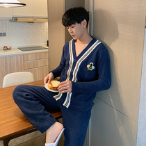 Bee pajamas mens autumn and winter cardigan long sleeve soft thickened velvet winter coral velvet home clothes set fashion