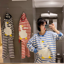 Big goose striped long-sleeved long-sleeved nightdress cute casual long knee-length pajamas womens spring and autumn pure cotton loose home service