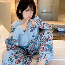 Blue retro pattern cotton silk cardigan long sleeve suit pajamas womens spring and Autumn thin V-neck cardigan new home clothes