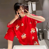 Strawberry dairy pajamas womens summer spring and autumn cotton original year autumn short sleeve loose red ox year home suit