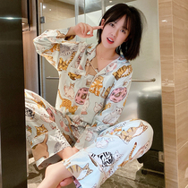 Cat cotton silk pajamas womens spring and Autumn thin cardigan cute cartoon suit long-sleeved net red with the same new home clothes