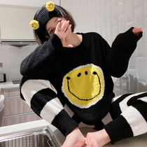 Hairband smiley face soft cute cartoon pajamas womens winter thickened coral velvet autumn and winter can wear home clothes set