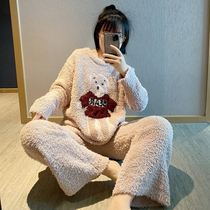Bear soft pajamas female winter padded velvet long sleeve cute loose coral velvet warm home clothing set