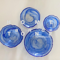 Sea blue glass plate cold plate irregular glass dessert plate breakfast plate dessert bowl Bowl set home