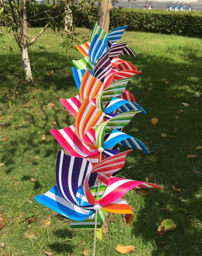 21cm六角彩色条纹串风车户外拉绳风车手工diy风车幼儿园装饰风车