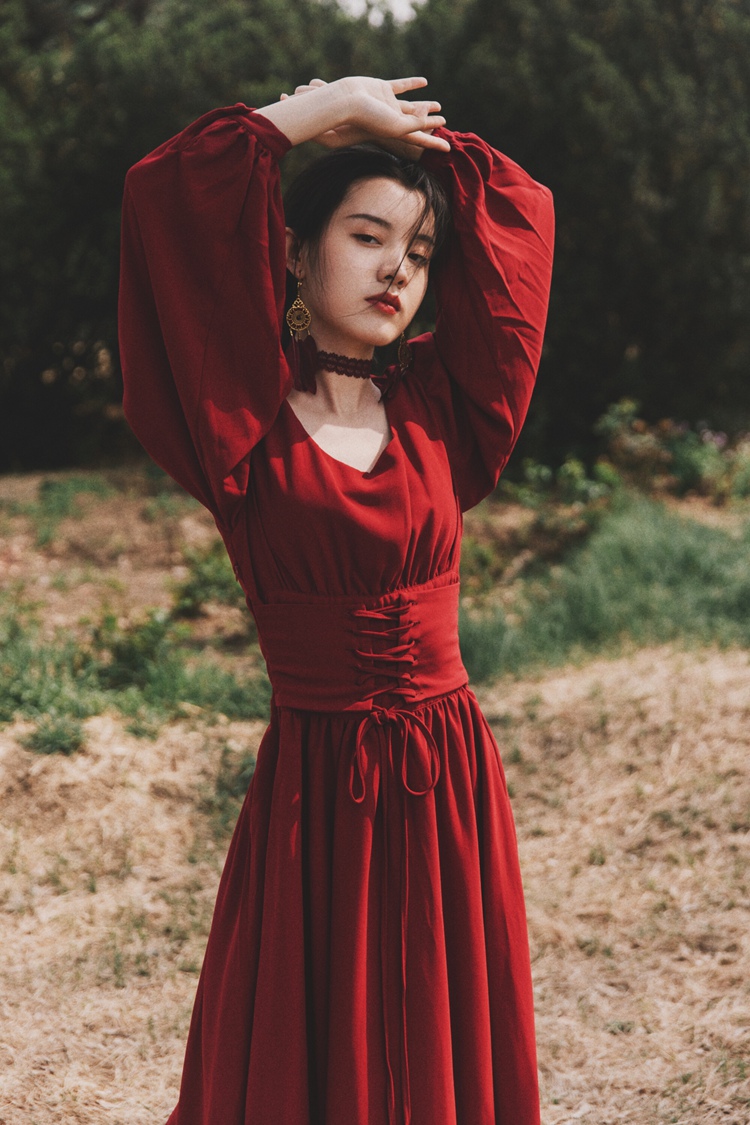 沙漠尼泊尔旅游红色收腰系带高腰连衣裙 红裙子