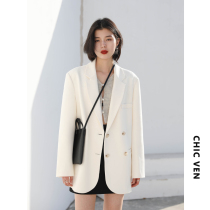 CHICVEN Street casual loose double-breasted white blazer womens long suit top 2021 autumn