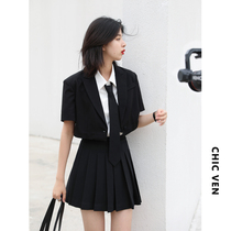 CHICVEN Oriental Fantasy age reduction college style short sleeve suit high waist pleated skirt two-piece female