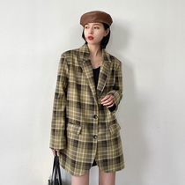 CHICVEN Mingjing retro check loose blazer long casual suit jacket