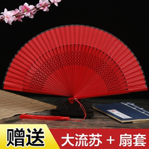 Chinese style big red solid color womens dance fan childrens ancient style Hanfu portable small folding fan dancing cheongsam catwalk