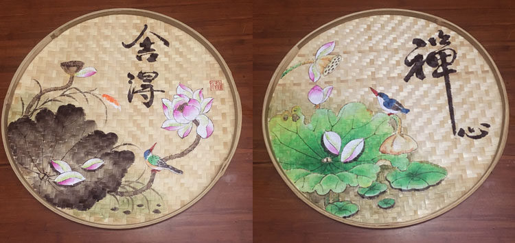 纯手工彩绘竹簸箕画竹匾竹筛画创意装饰画农家乐火锅店酒店竹筐画