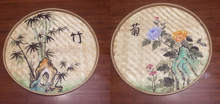 纯手工彩绘竹簸箕画竹匾竹筛画创意装饰画农家乐火锅店酒店竹筐画