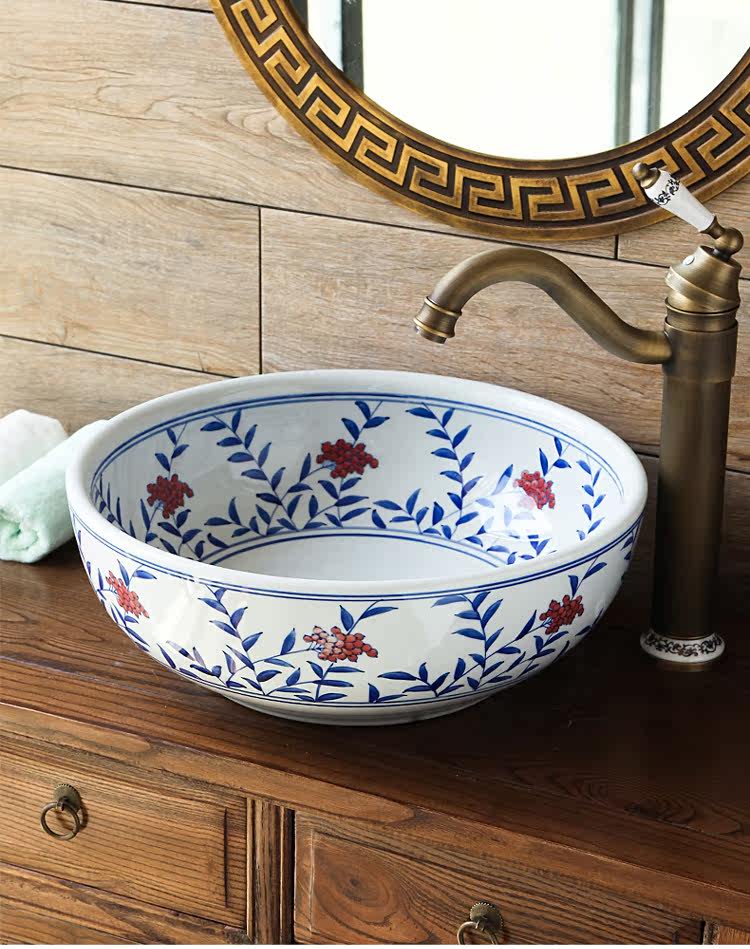 景德镇陶瓷盆复古洗手池台上盆圆形洗脸盆艺术阳台洗面盆池青花瓷_7折