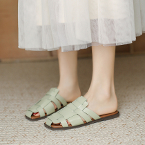 Flat slippers women Summer outside wear 2021 New Net red travel sandals lazy square head knitting half slippers