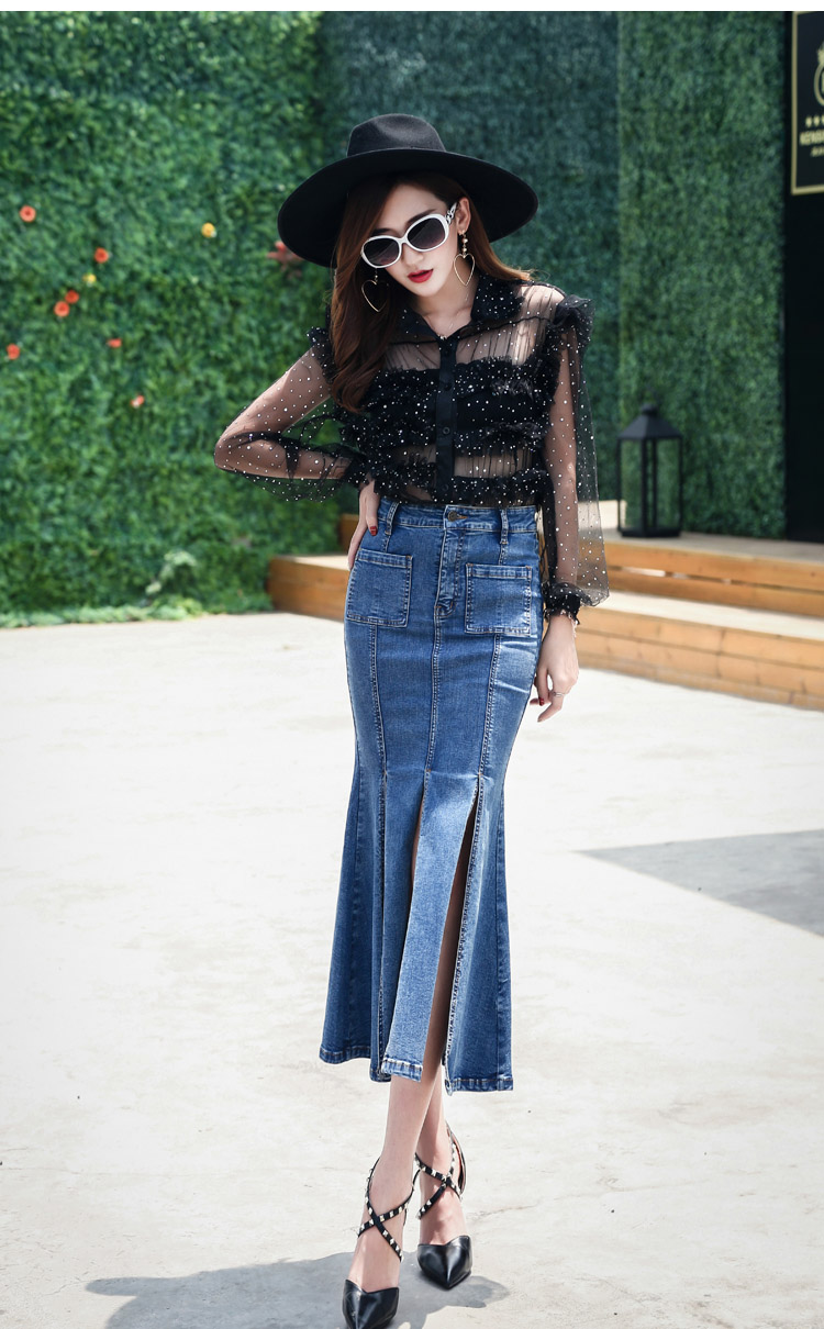 ssy欧美牛仔鱼尾裙半身裙弹力显瘦包臀裙牛仔裙女开叉中长裙9079