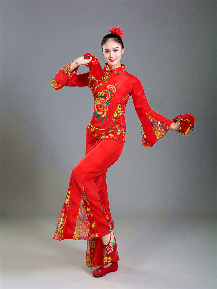 扇子舞服装_喜庆富贵秧歌服腰鼓服女舞蹈演出服加大扇子舞新款包邮