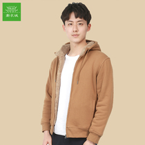 Solid color hooded plus velvet sweater mens lamb cashmere padded zipper cardigan autumn and winter long sleeve loose warm sports coat