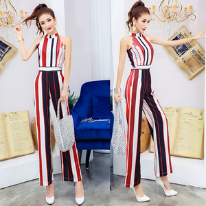 Chiffon striped sleeveless Necklace pants New jumpsuit high waist  