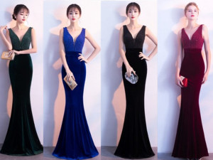 Evening dress new party fish tail deep V sexy slim party winter