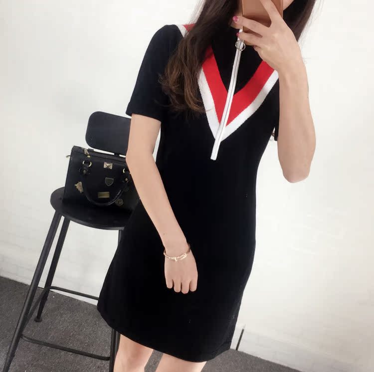 832#2017春林允同款修身拉链条纹针立领织裙