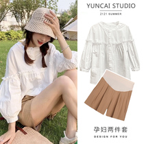 Pregnant women high-end suit summer wear out thin loose shirt top casual shorts Net red shorts two-piece set