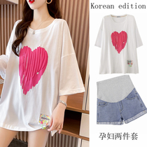 Pregnant Women summer clothes New Love cotton T-shirt shirt pregnant women Net red suit does not show belly out two sets