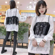 2021 autumn and winter womens new hot drill sling lace stitching vest collar long sleeve base shirt fake two pieces lace shirt